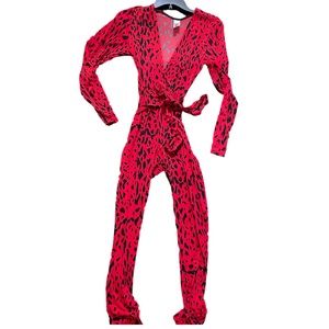 Red and black leopard print plunge V neck bodysuit.